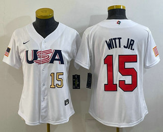 Women%27s USA Baseball #15 Bobby Witt Jr Number 2023 White World Classic Replica Stitched Jerseys